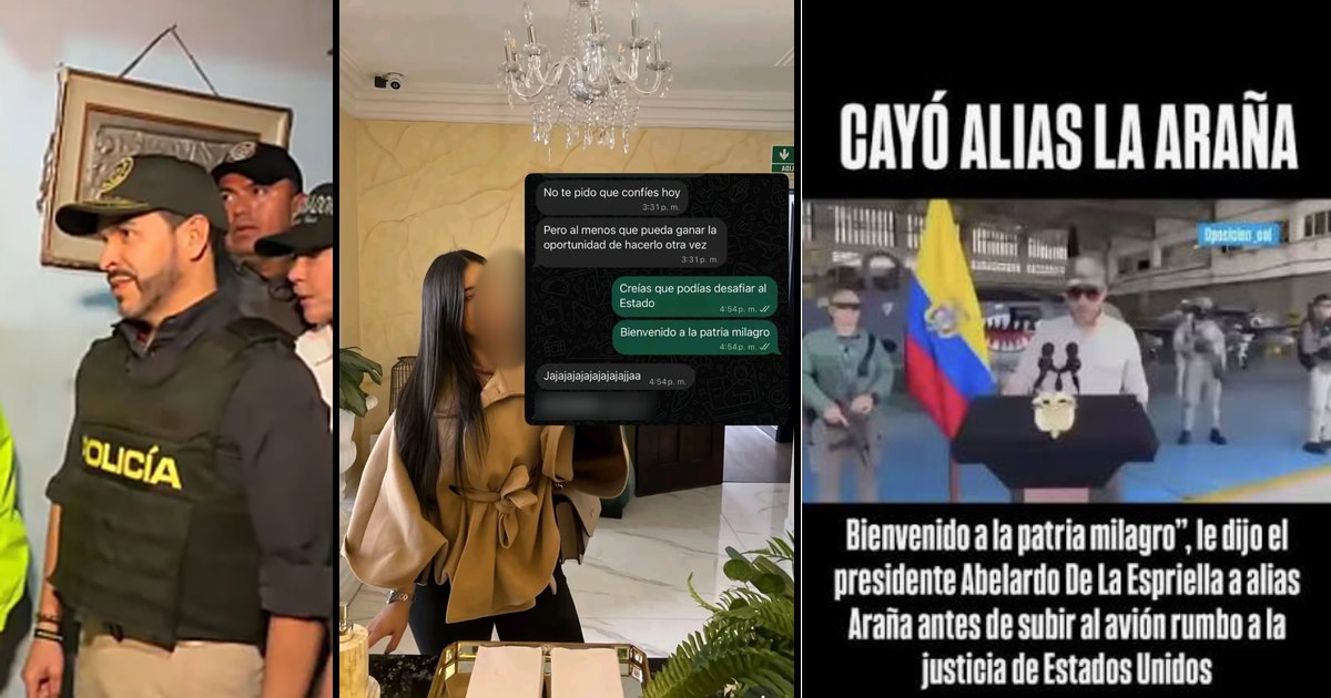Tres imágenes de «Bienvenido a la Patria Milagro»: el presidente Abelardo de la Espriella con chaleco de la Policía durante la Operación Iron en Cali, un meme en TikTok que usa la frase en un chat de WhatsApp y una publicación en redes sobre la extradición de alias Araña